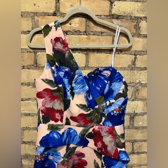 Kay Unger Laurel one shoulder spring floral multi gown - peplum beaded ruffle - Picture 3 of 7